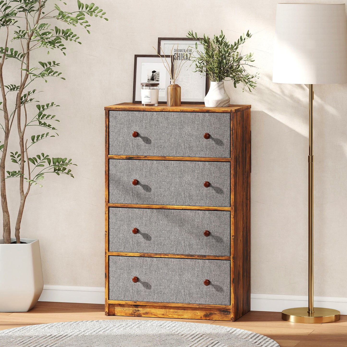 Sovise Fabric And Wood Grey And Rustic Brown 4 Drawer Storage Dresser