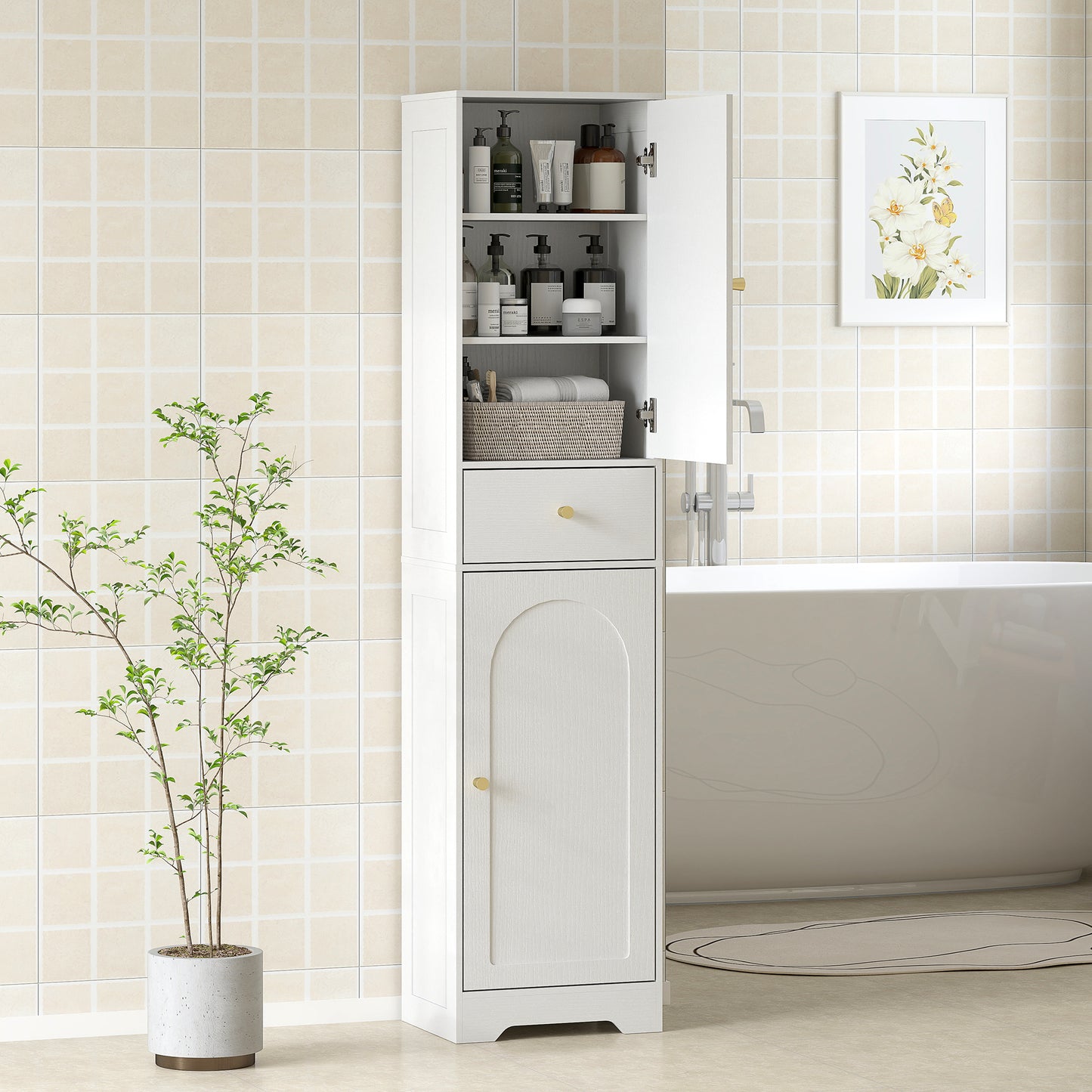 Remodi Bara Tall Bathroom Storage Cabinet With Arched Door Design White