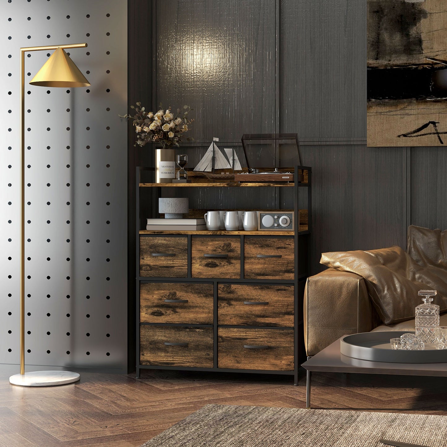 Haco Fabric And Wood Rustic Brown 7 Drawer Rustic Storage Chest
