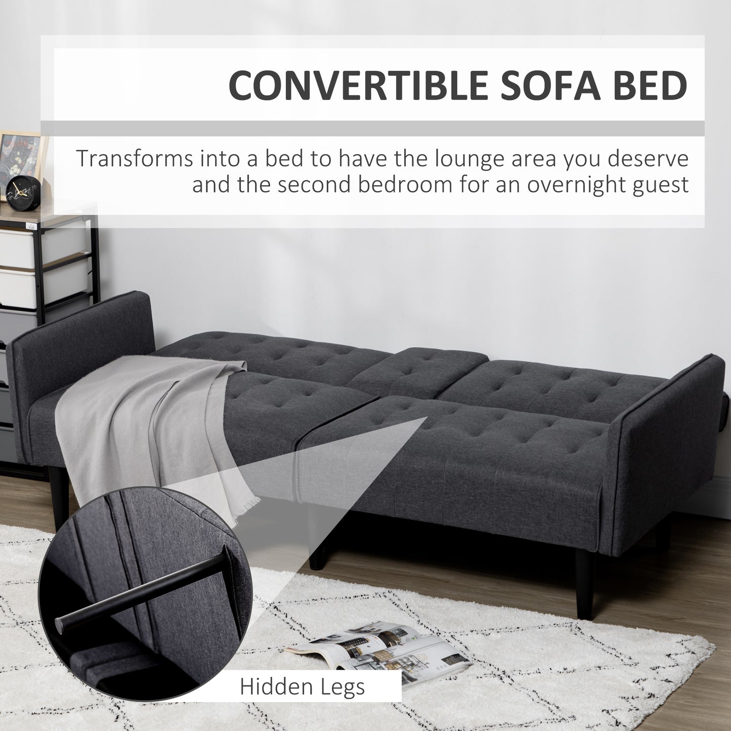 Nissa Grey Fabric 3 Seater Sofa Bed Diamond Tufted Back