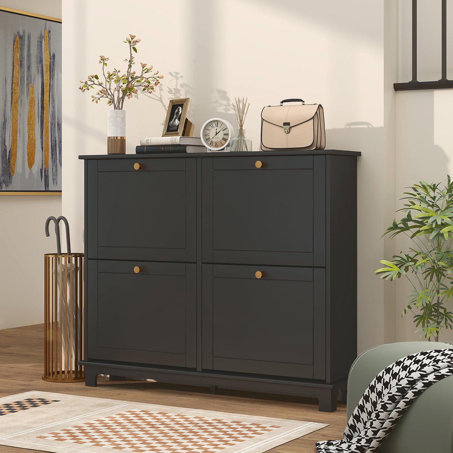 Serodo Wooden Black Slim Shoe Cupboard With 4 Flip Drawer For 16 Pairs
