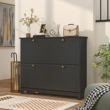 Serodo Wooden Black Slim Shoe Cupboard With 4 Flip Drawer For 16 Pairs