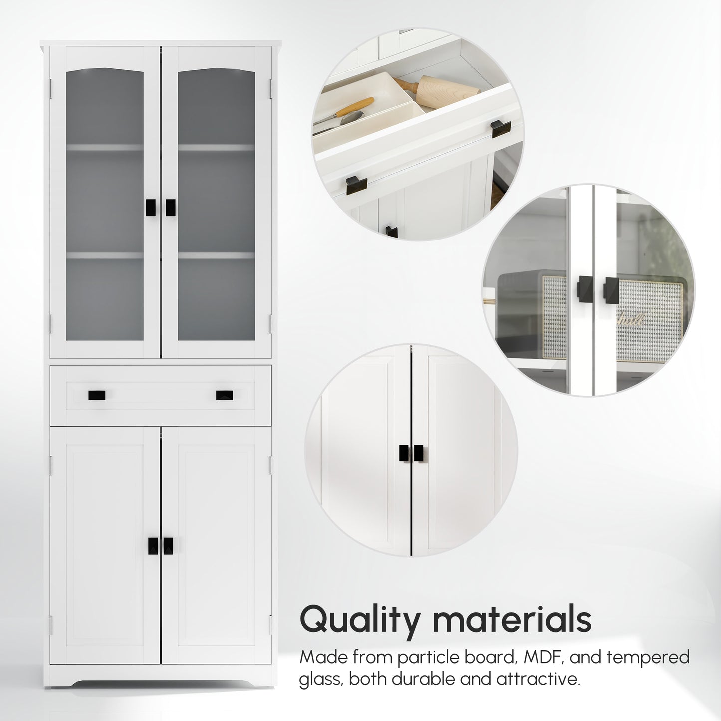 Cotase 160cm Wooden White Kitchen Cupboard With Adjustable Shelves Drawer And Glass Door