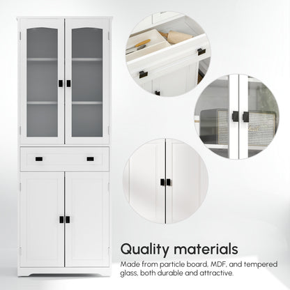 Cotase 160cm Wooden White Kitchen Cupboard With Adjustable Shelves Drawer And Glass Door