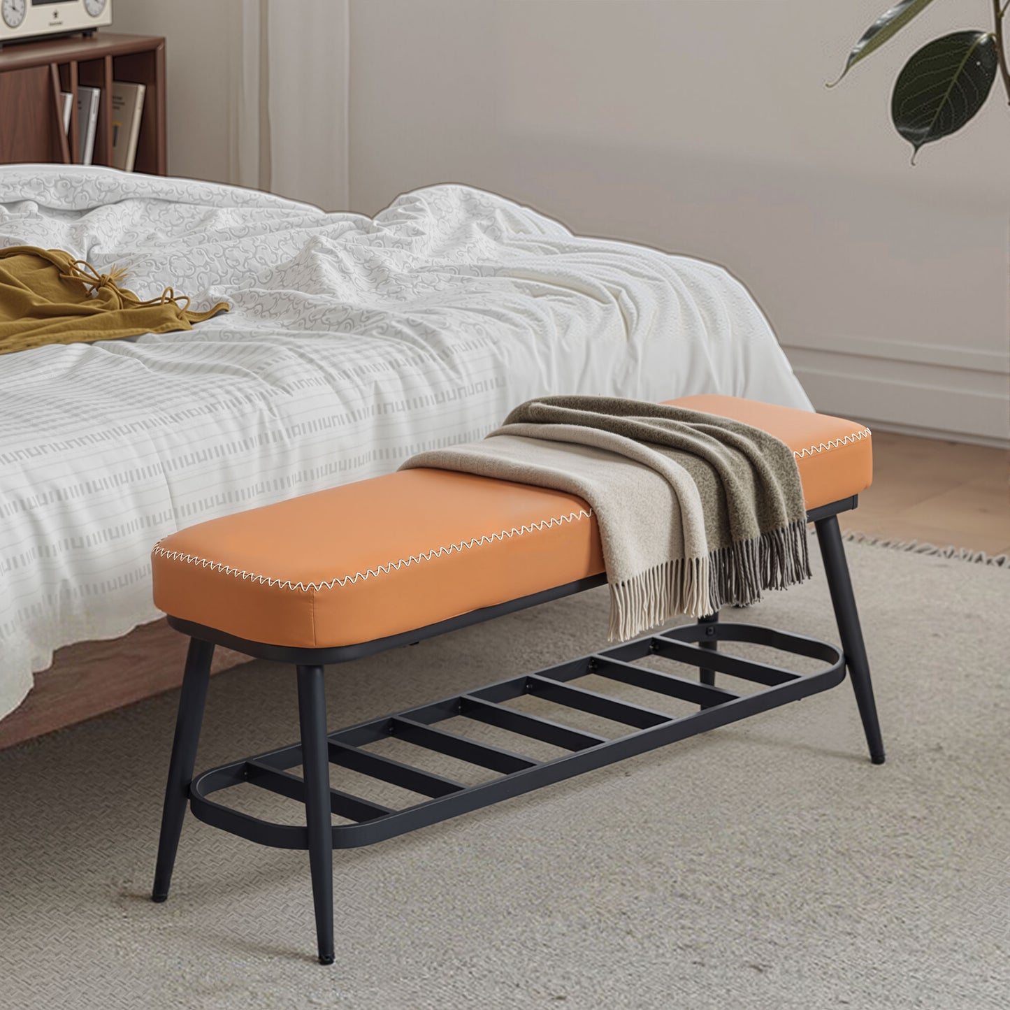 Elbani Faux Leather Orange Shoe Storage Bench With Cushioned Seat