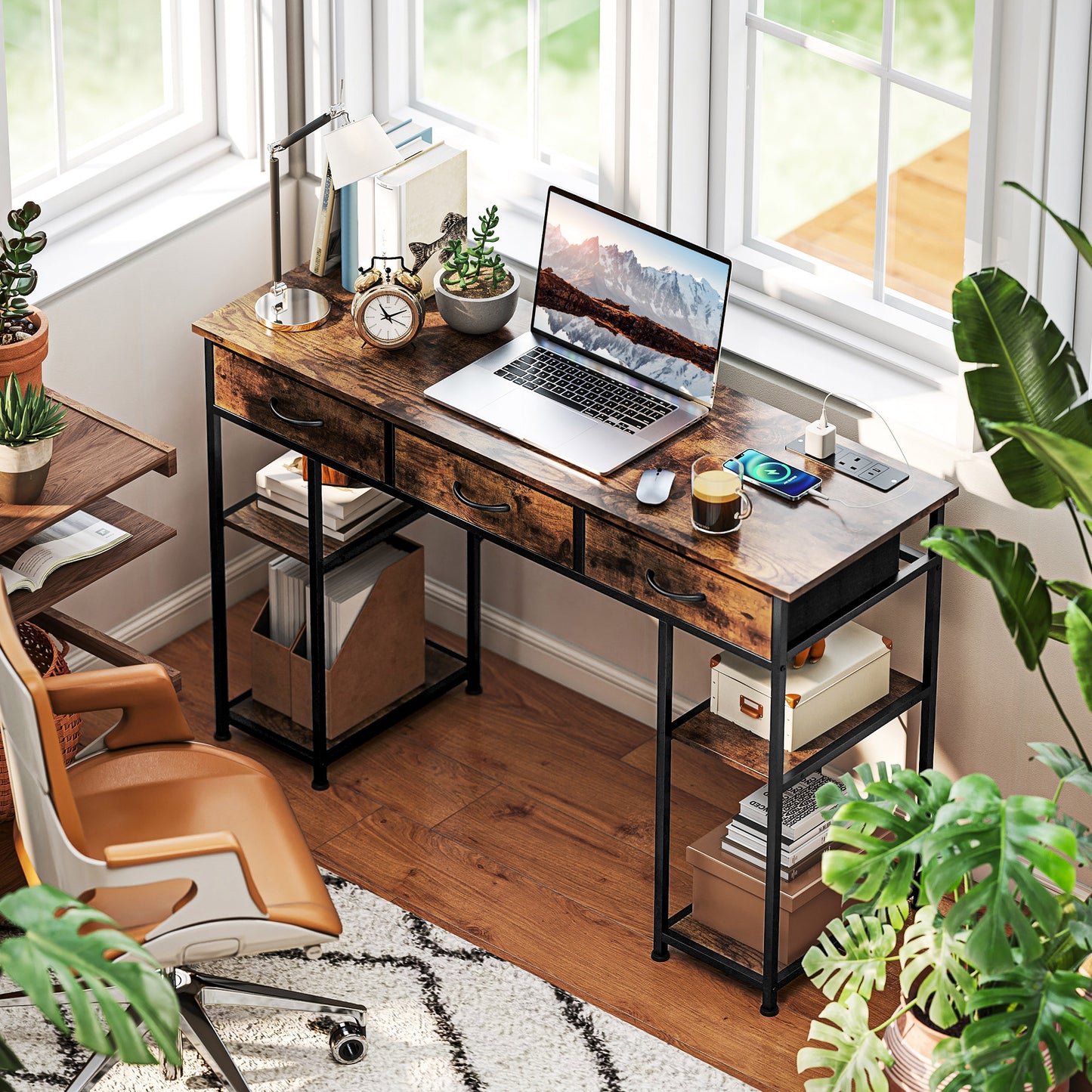 Hariva 120cm Wooden Rustic Brown Home Office Desk With Power Sockets 3 Fabric Drawers And 4 Storage Shelves