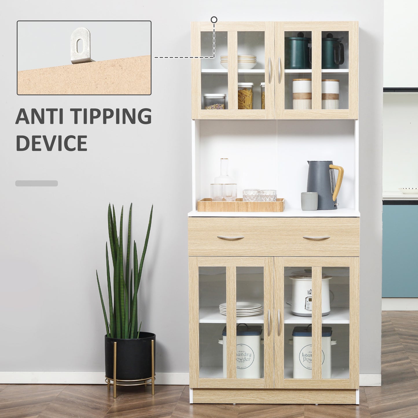 Vefaso Wooden White Tall Kitchen Hutch With Central Drawer Glass Door Cabinets And Countertop 180 cm
