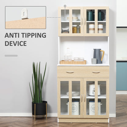 Vefaso Wooden White Tall Kitchen Hutch With Central Drawer Glass Door Cabinets And Countertop 180 cm