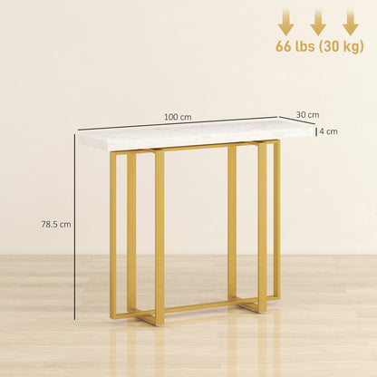 Larose Metal And Faux Marble White Narrow Console Table With Anti Tip Steel Frame 100 cm