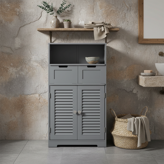 Tono 3 Section Bathroom Storage Unit With Shelves Drawers And Cupboard Grey
