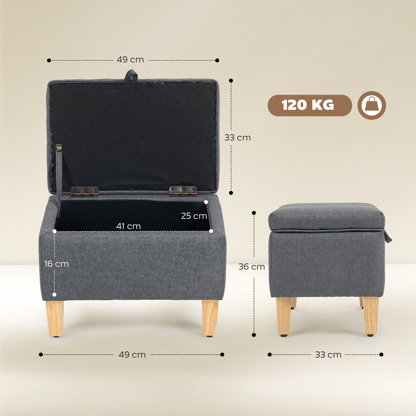 Doma Linen Grey Compact Storage Footstool With Storage Natural Wooden Legs