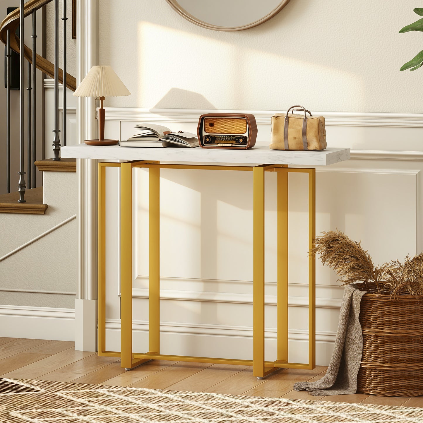 Larose Metal And Faux Marble White Narrow Console Table With Anti Tip Steel Frame 100 cm