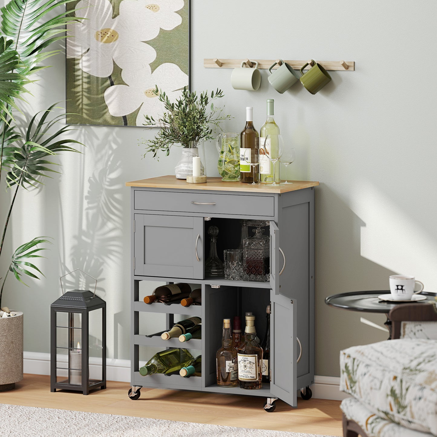 Lehari Grey Wooden Rolling Kitchen Island With Drawer Wine Rack Door Cabinets And Natural Wood Top
