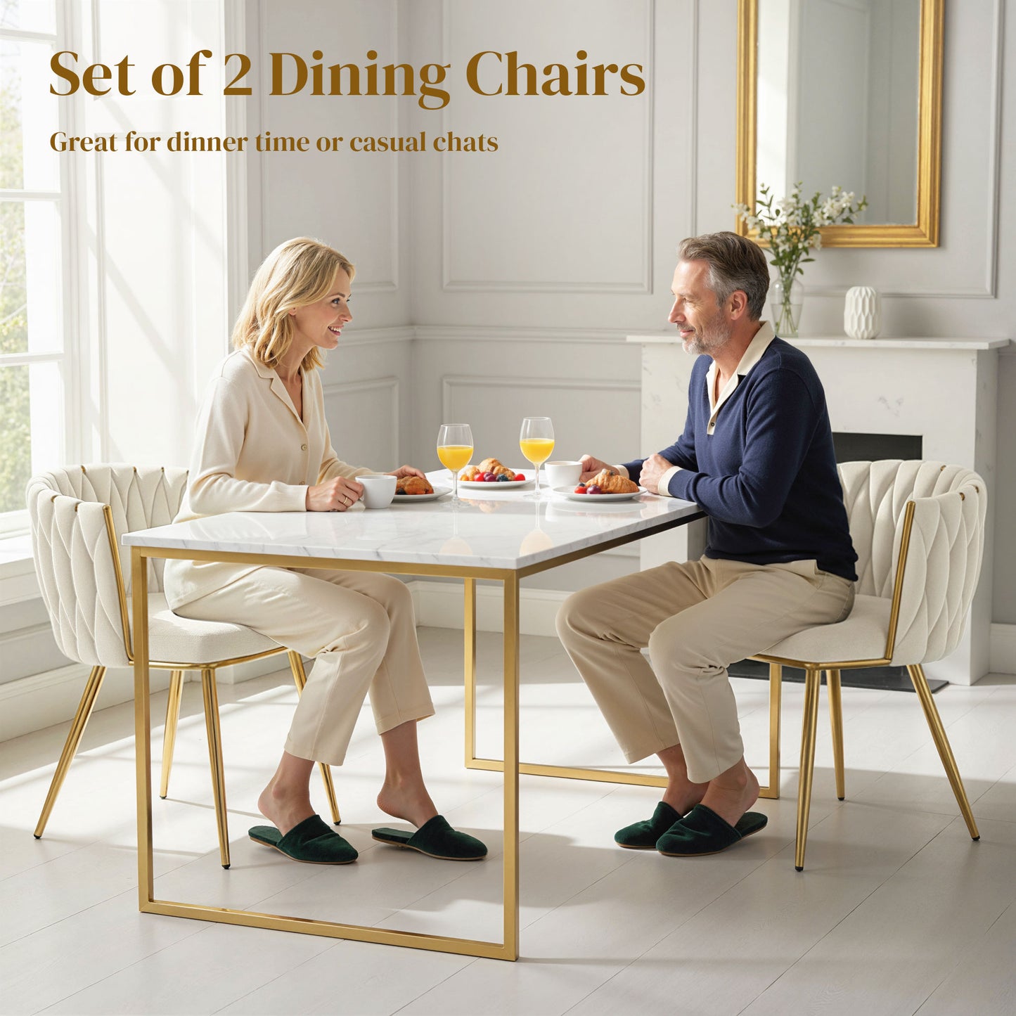 Sosura Set Of 2 Cream Velvet Upholstered Dining Chairs With Woven Back And Armrests