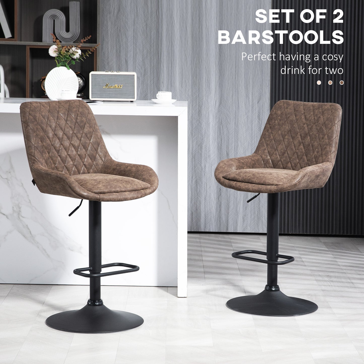 Lenozzo Faux Leather Brown Set Of 2 Retro Style Bar Stools With Padded Seats