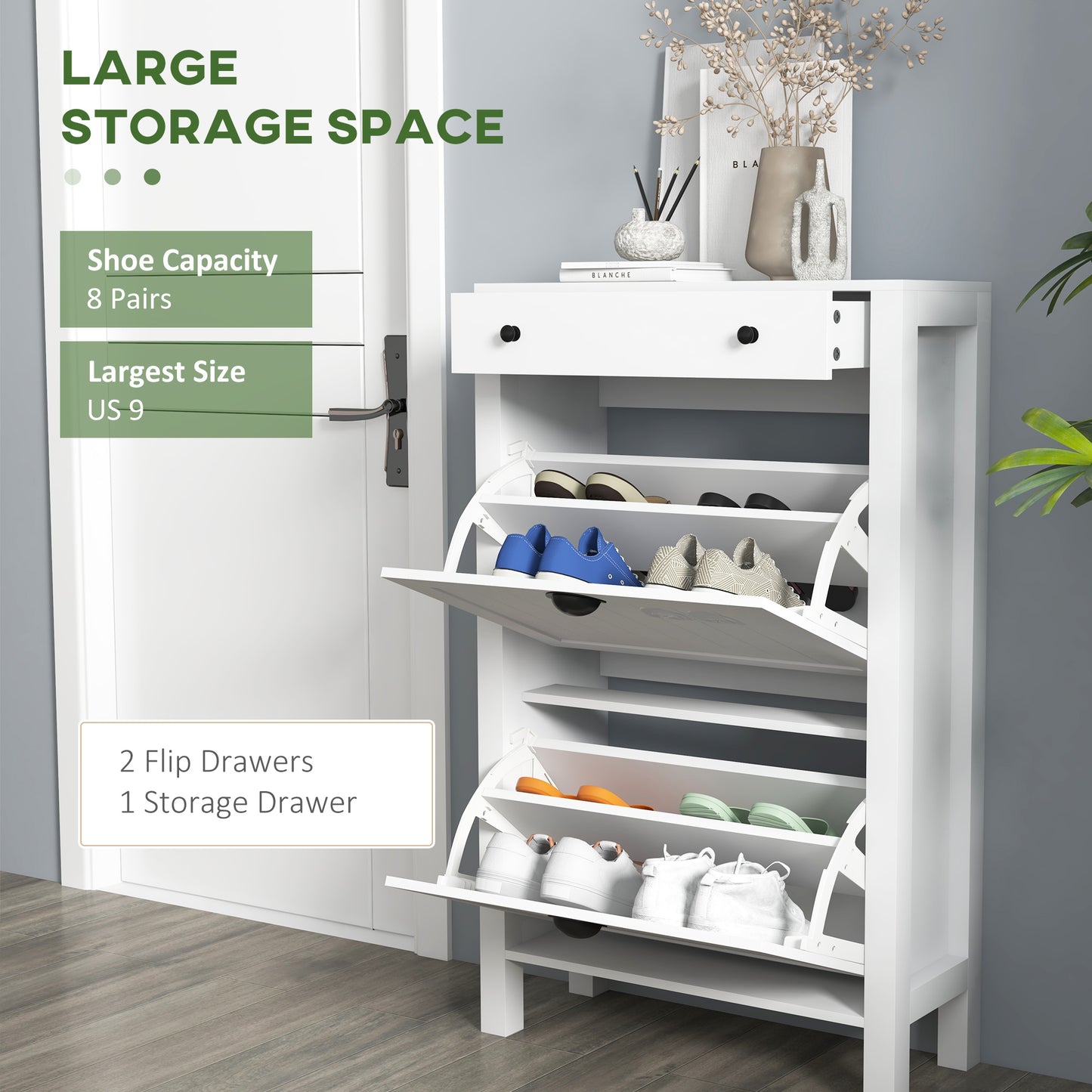 Sora Wooden White Slim Shoe Cabinet With 2 Flip Drawers