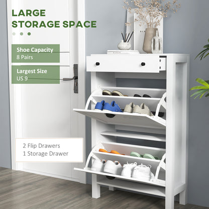 Sora Wooden White Slim Shoe Cabinet With 2 Flip Drawers