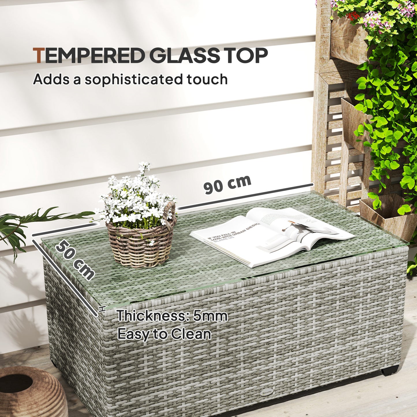 Vimi 90cm Rattan Light Grey Glass Top Side Table