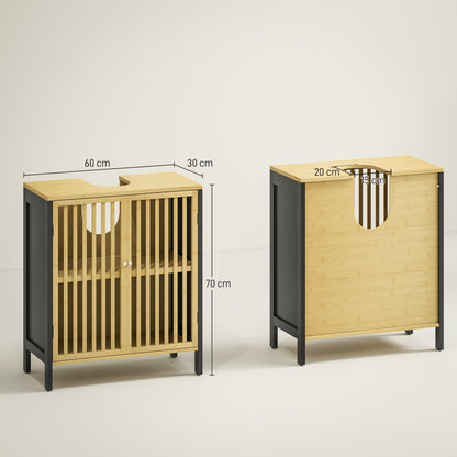 Rotove Bamboo Style Under Sink Bathroom Storage Cabinet With Cut Out Front