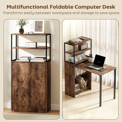 Serana 105cm Wooden Brown Folding Work Table With Integrated Shelving