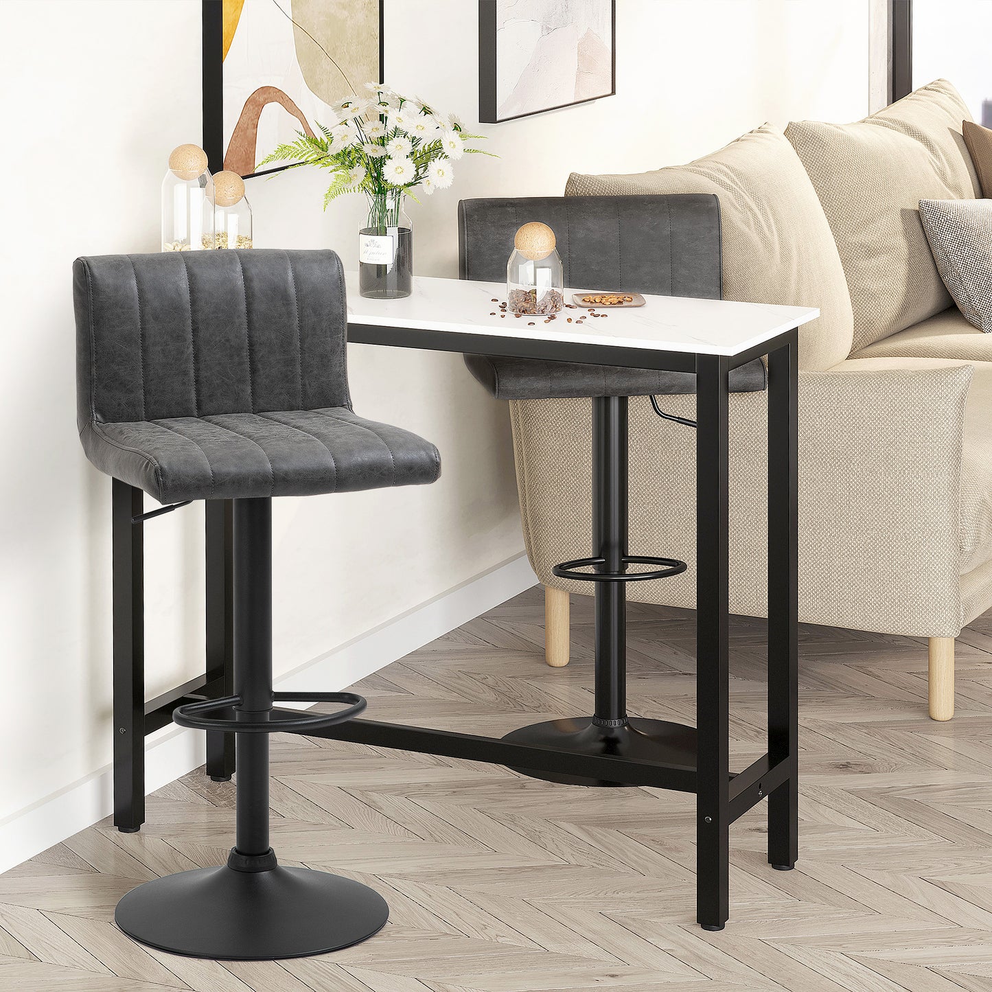Ralava Set Of 2 Faux Leather Grey Adjustable Swivel Bar Stools With Footrests
