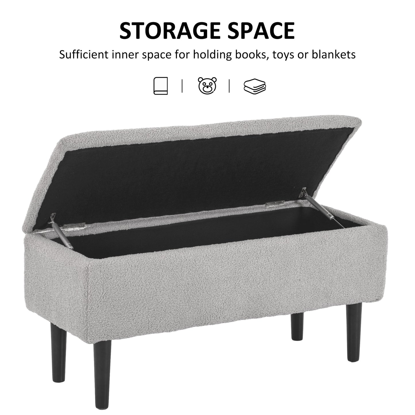 Vemovi Fabric Grey Storage Ottoman Bench With Wooden Legs 57 Litre