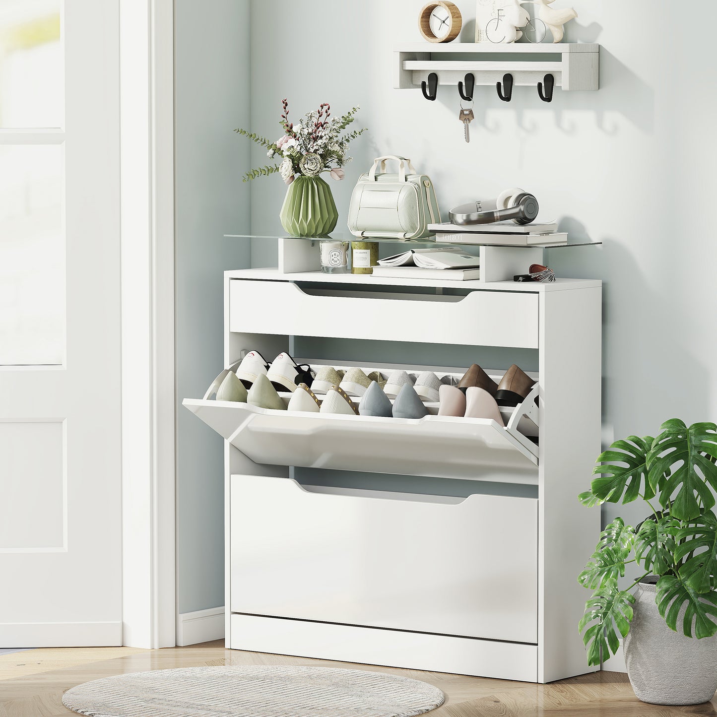 Masola Wooden White Shoe Cabinet With Sliding Drawer 2 Flip Doors And Glass Top