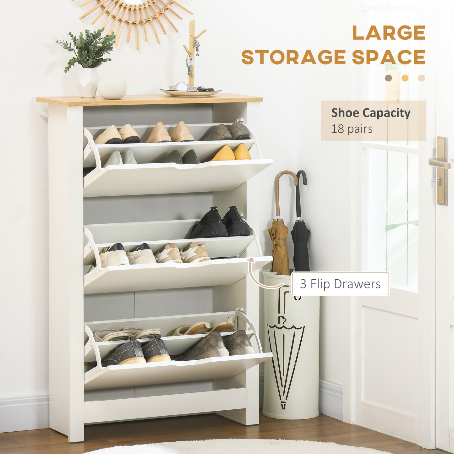Rokeha Wooden White and Natural Narrow Shoe Cupboard With 3 Flip Drawers For 18 Pairs