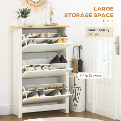 Rokeha Wooden White and Natural Narrow Shoe Cupboard With 3 Flip Drawers For 18 Pairs