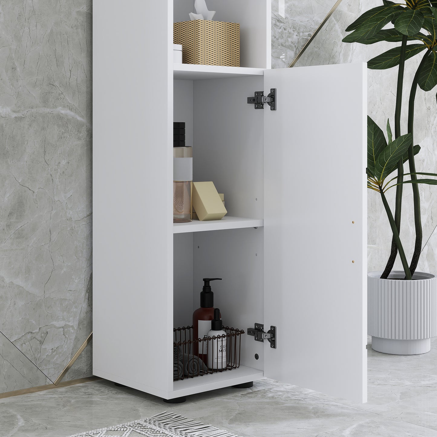 Domifa Tall Bathroom Storage Cabinet With Line Embossed Front And Adjustable Shelves White