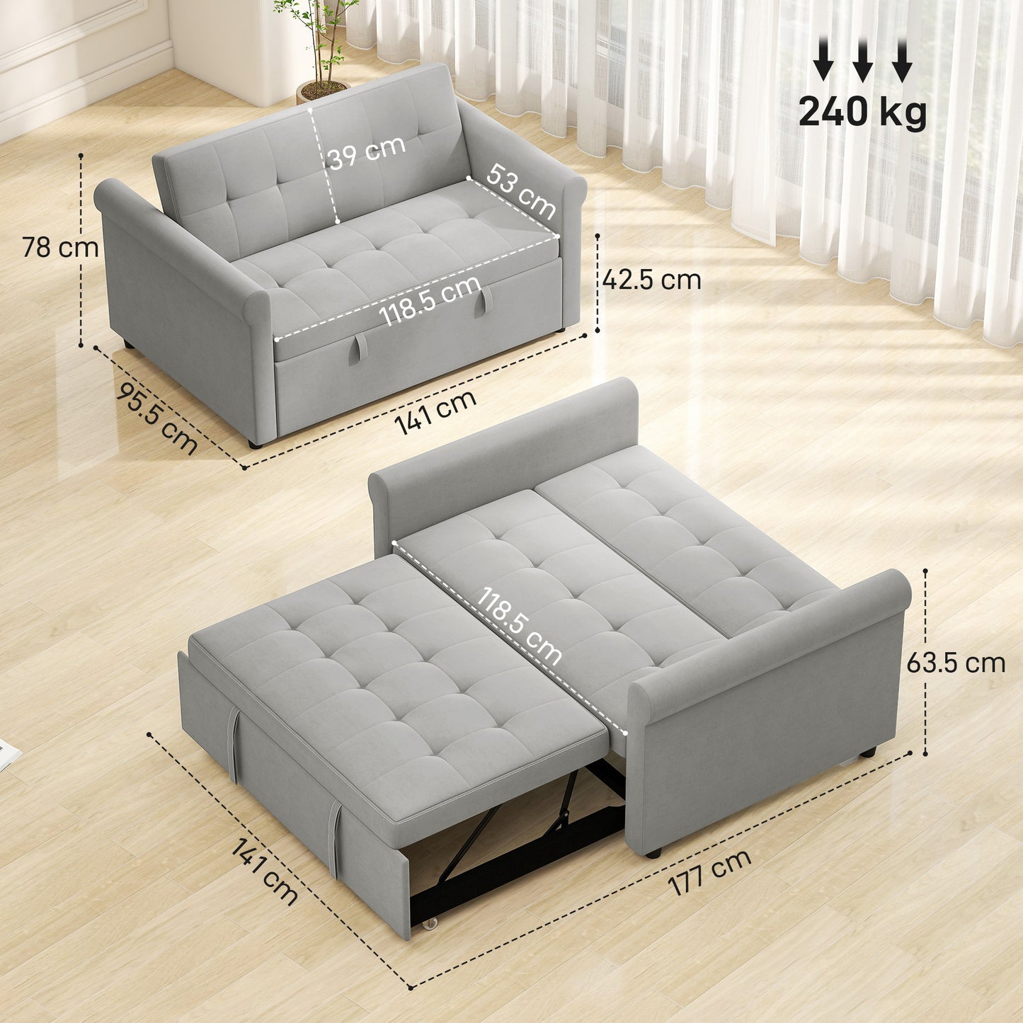 Rekano Velvet Grey 2 Seater Sofa Bed With Tufted Upholstery