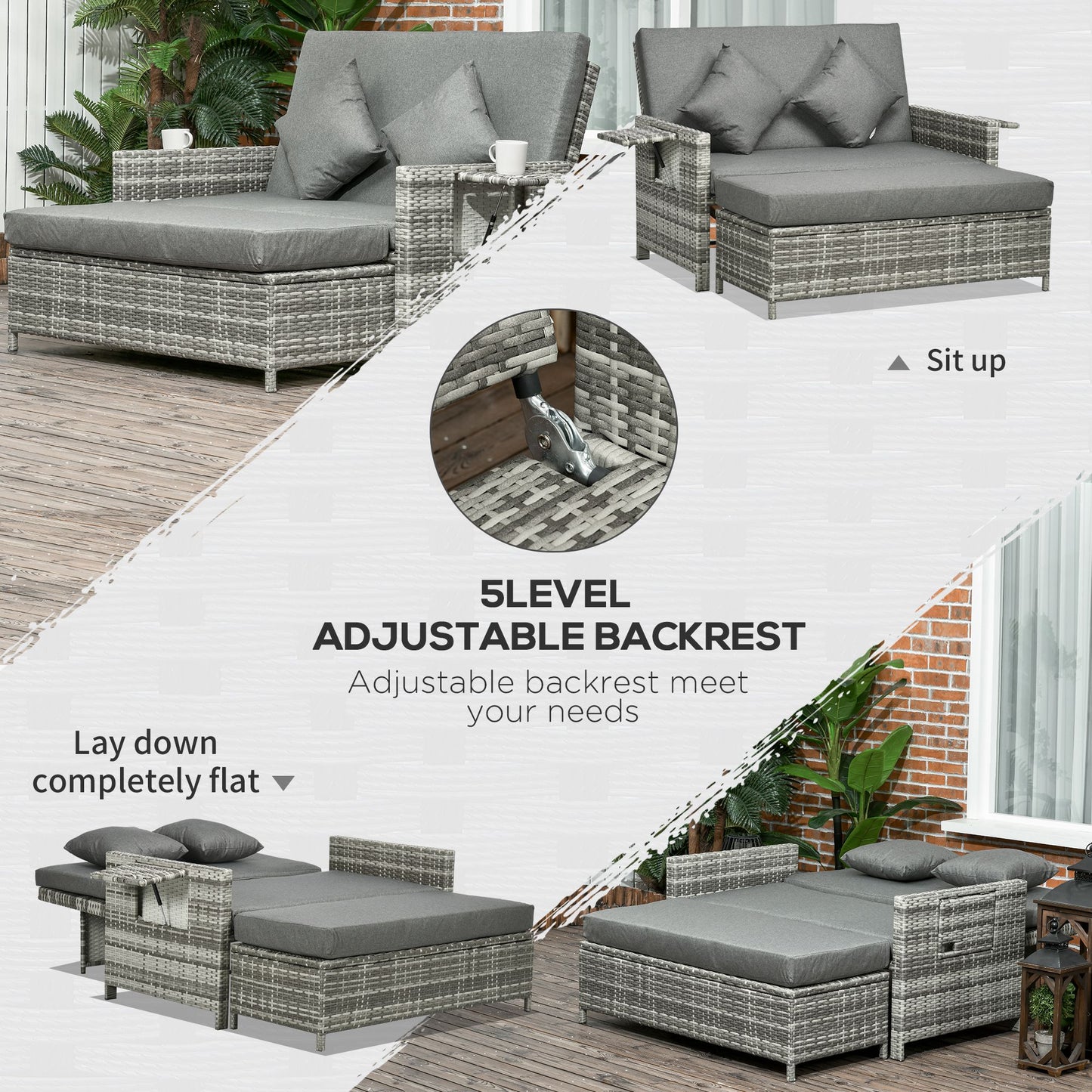Elco Faux Rattan Mixed Grey Double Outdoor Daybed With Adjustable Back Storage Ottoman Cushions And Trays