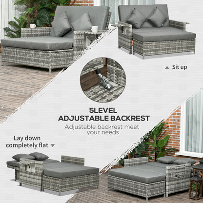 Elco Faux Rattan Mixed Grey Double Outdoor Daybed With Adjustable Back Storage Ottoman Cushions And Trays
