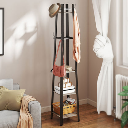 Savapa Metal And Wood Grey And Black 4 Tier Industrial Coat Stand With Shelves
