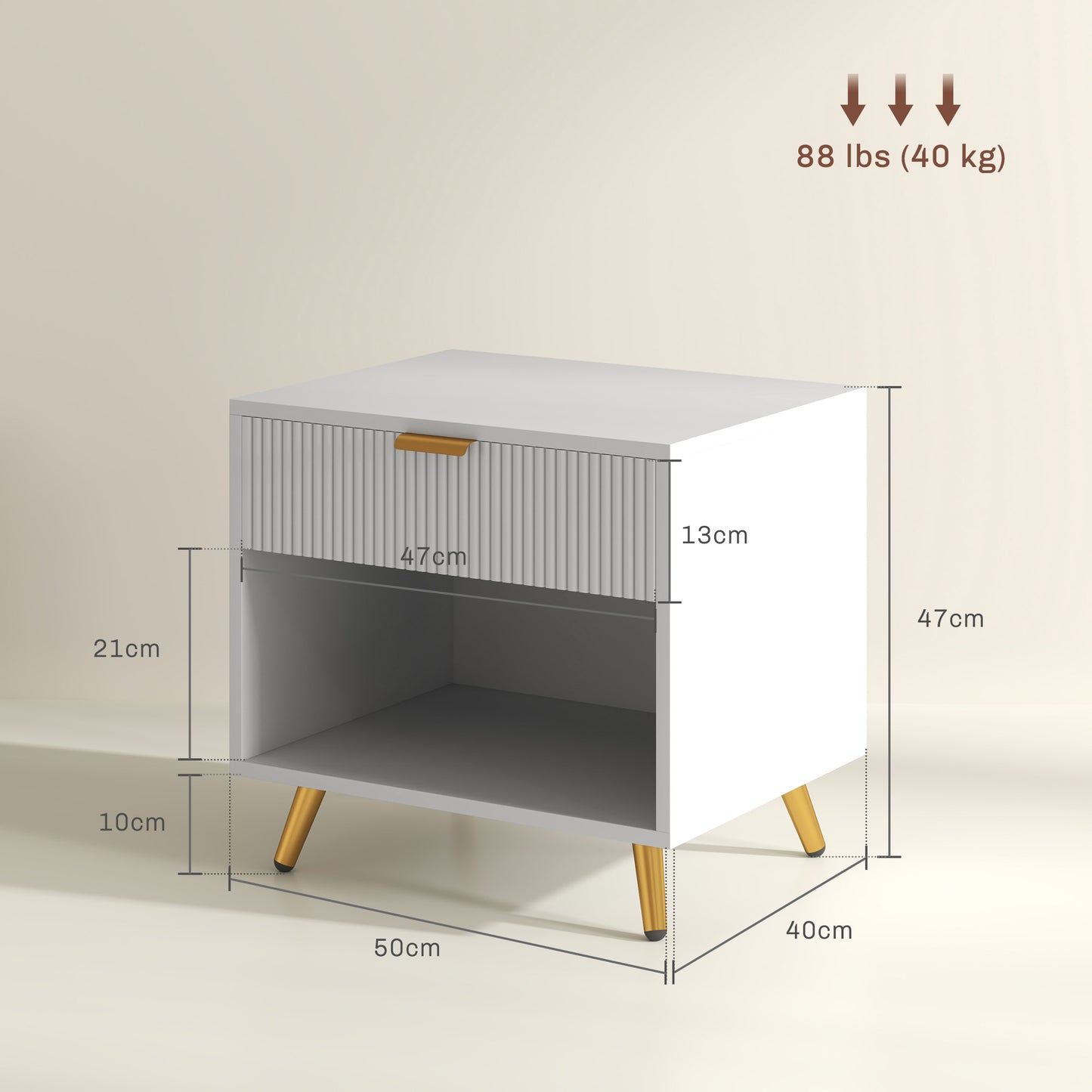 Sedora Vela White And Gold Tone Elegant Bedside Table With Ribbed Drawer And Shelf