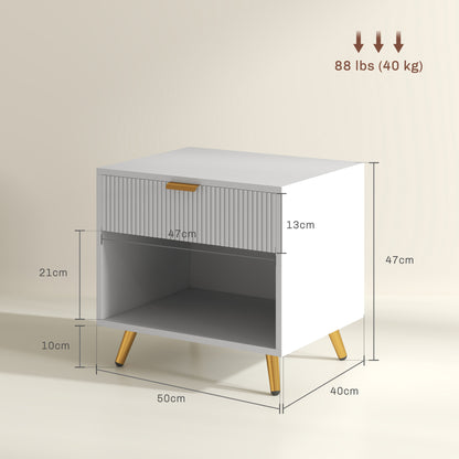 Sedora Vela White And Gold Tone Elegant Bedside Table With Ribbed Drawer And Shelf