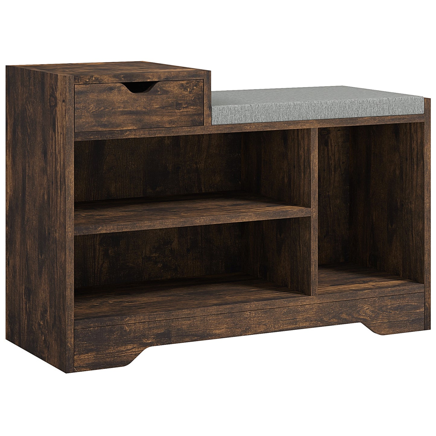 Nata Wooden Rustic Brown Multi Compartment Shoe Bench With Grey Cushioned Seat