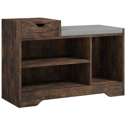 Nata Wooden Rustic Brown Multi Compartment Shoe Bench With Grey Cushioned Seat