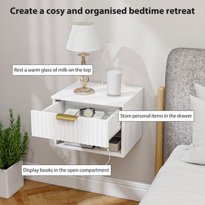 Ludi Set Of 2 Wooden White Wall Mounted Bedside Tables With Fluted Drawer And Shelf
