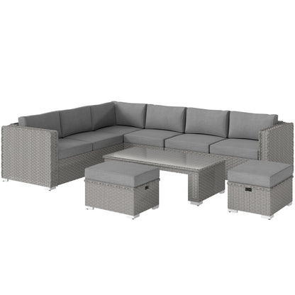 Rava Faux Rattan Grey 8 Seater Corner Sofa Set With Glass Coffee Table And Footstools