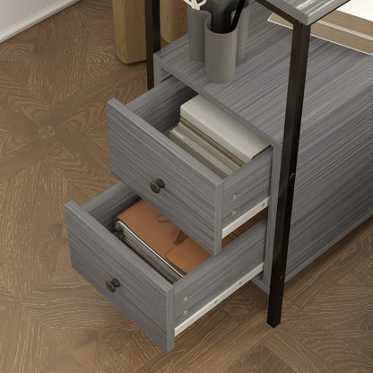 Loto Wooden Grey Wood Effect Narrow Bedside Table With 2 Drawers And Top Shelf