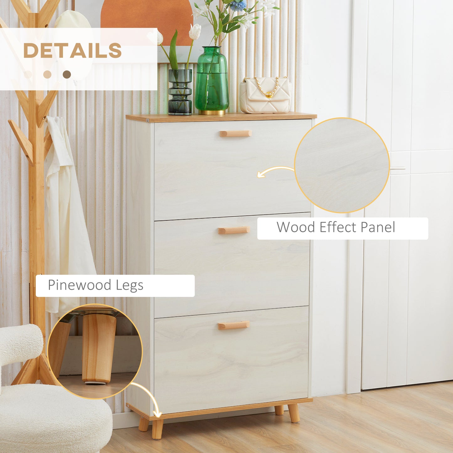 Romola Wooden White and Natural Slim Shoe Cabinet With 3 Flip Drawers For 12 Pairs