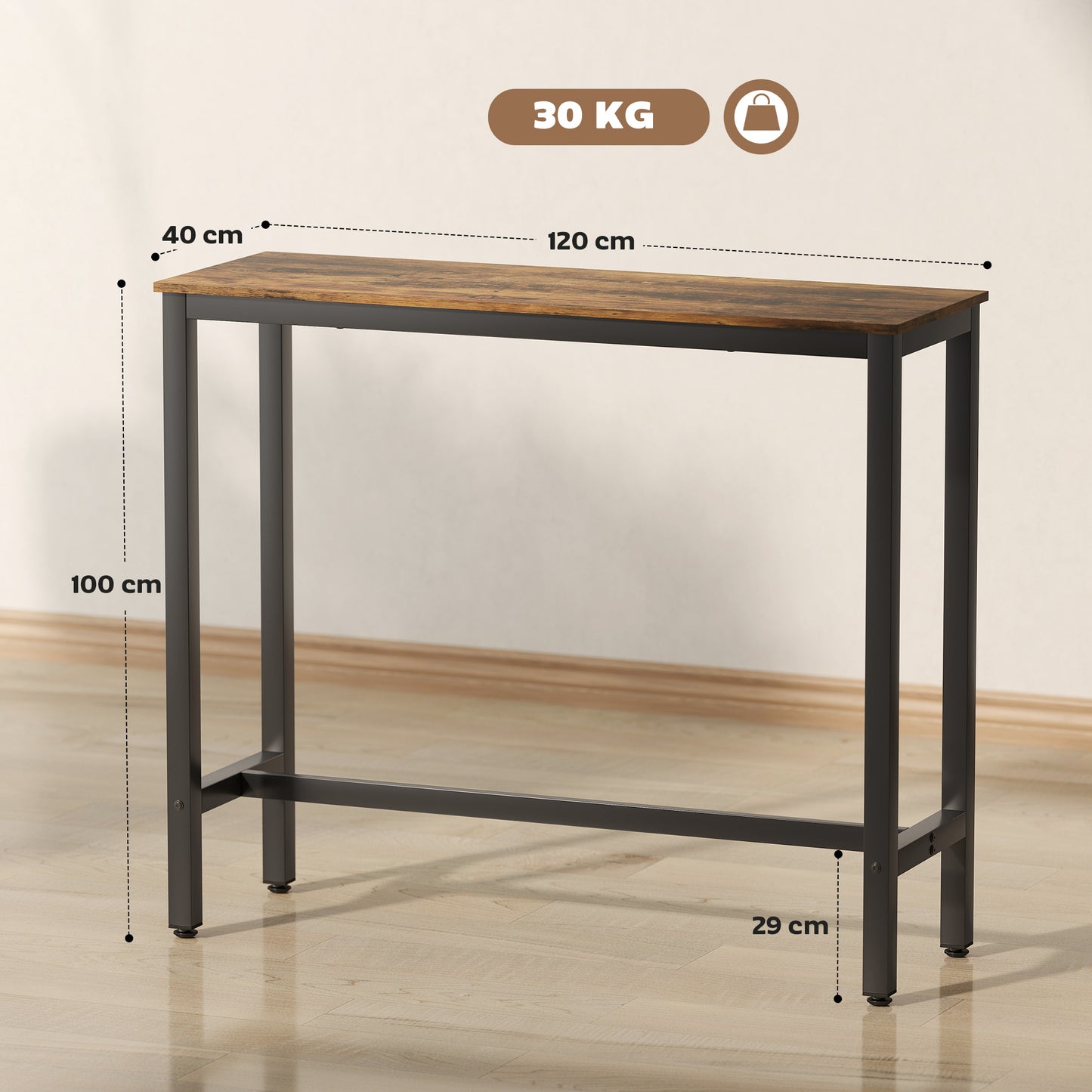Bazila Rustic Brown Wood Effect Rectangular Bar Table Industrial Breakfast Dining Design