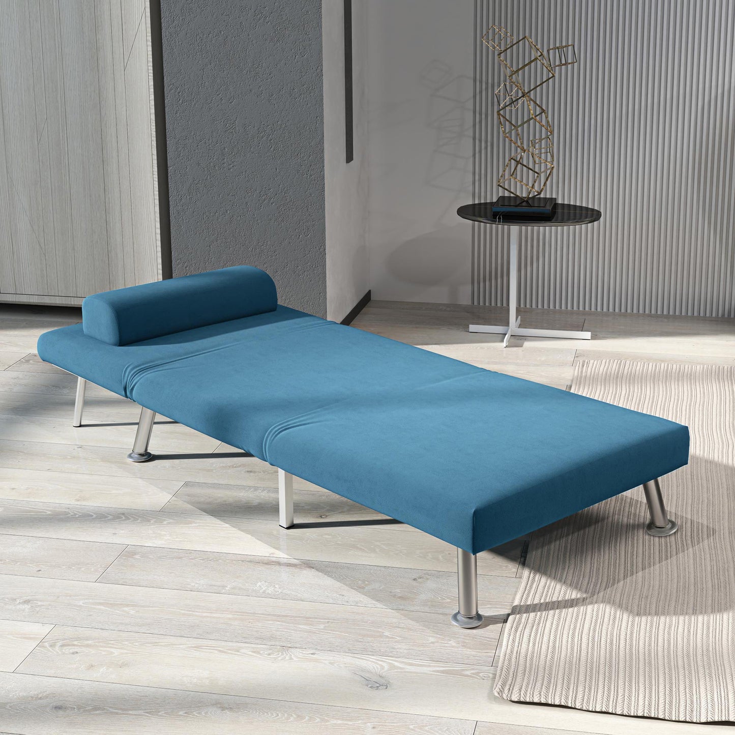 Ziel Lika Blue Velvet Single Sleeper Chair Silver Metal Legs