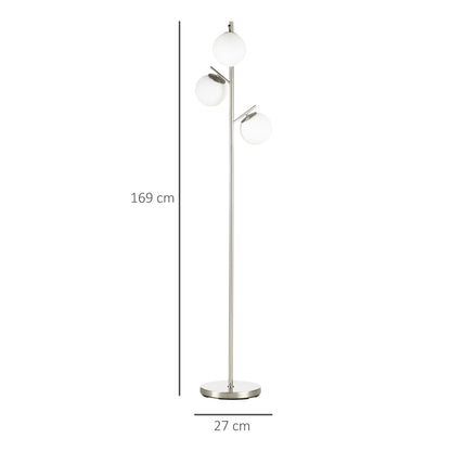 Moretta Metal Silver 3 Light Tree Floor Lamp With Globe Shades And Steel Base