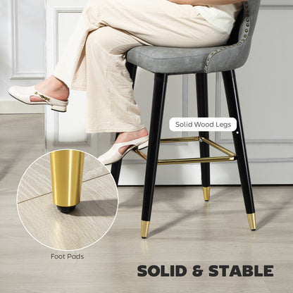 Finomo Set Of 2 Grey Faux Leather Bar Stools With Wooden Legs And Footrest