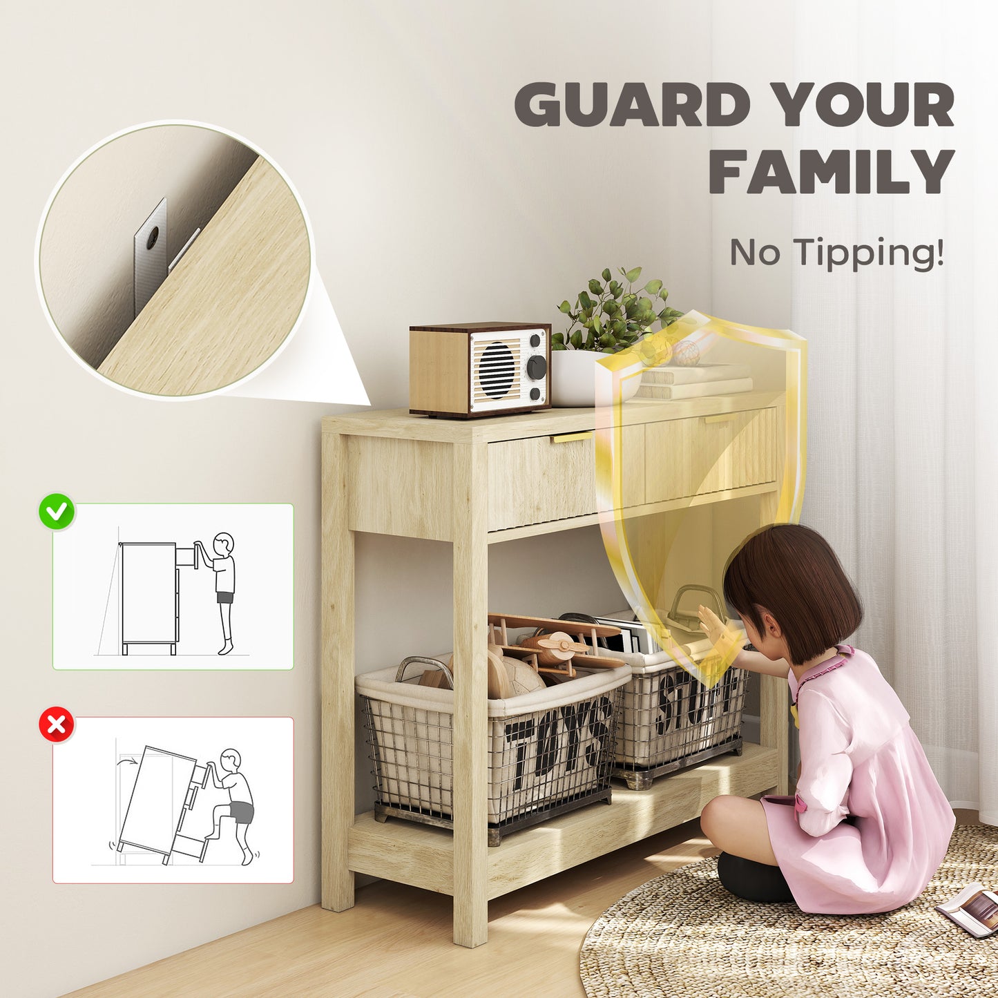 Kesoyo 90cm Wooden Natural Fluted Drawer Console Table With Lower Shelf