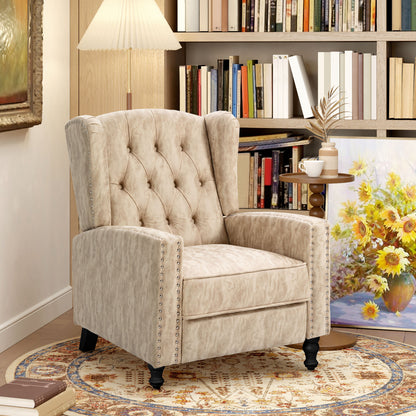 Conofa Beige Fabric Chesterfield Mid Century Style Reclining Armchair