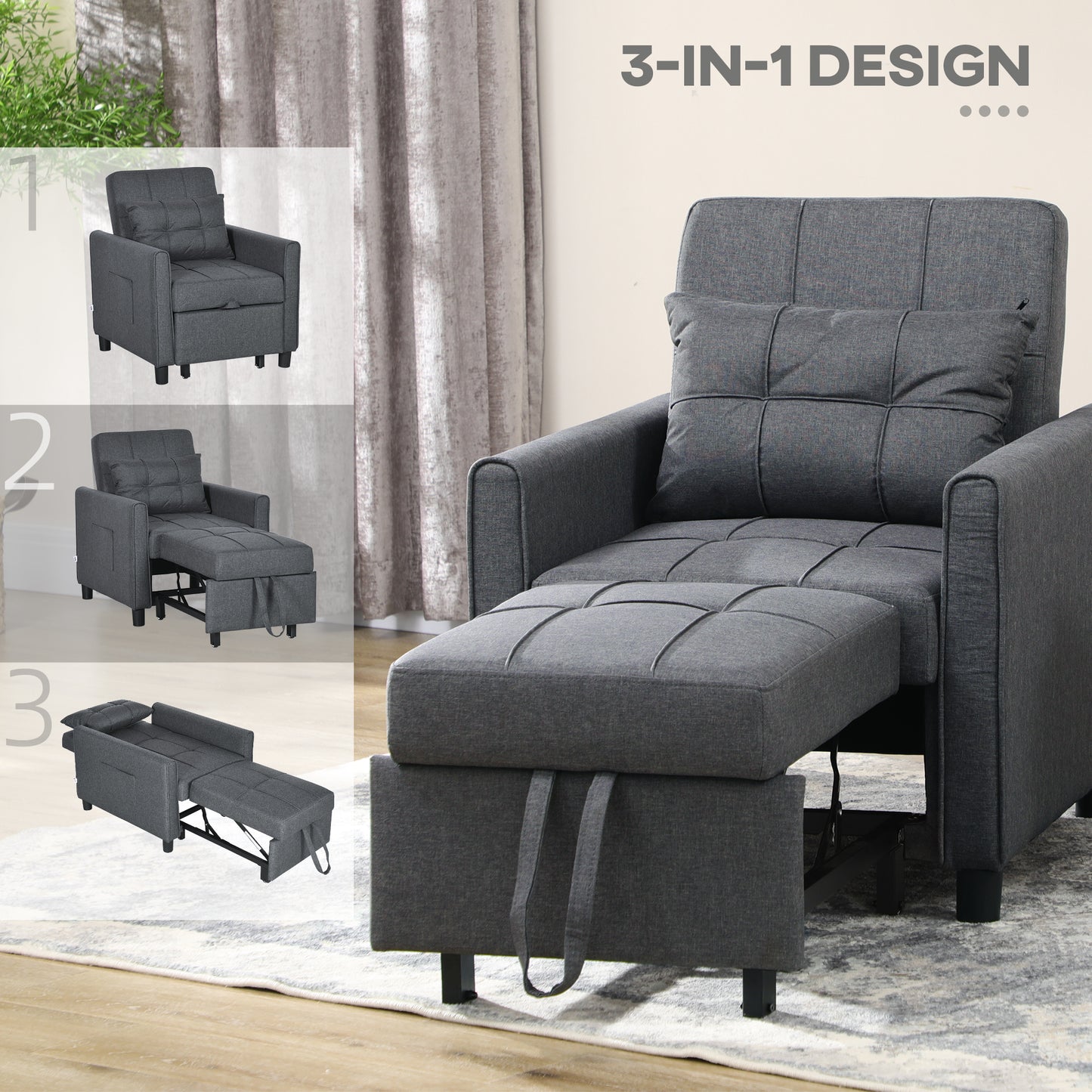 Remina Linen Look Grey 3 In One Single Chair Bed