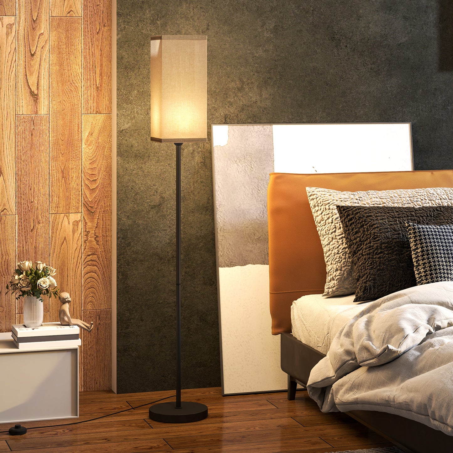 Sekafi Metal And Fabric Black Minimalist Floor Lamp With Linen Shade And Foot Switch